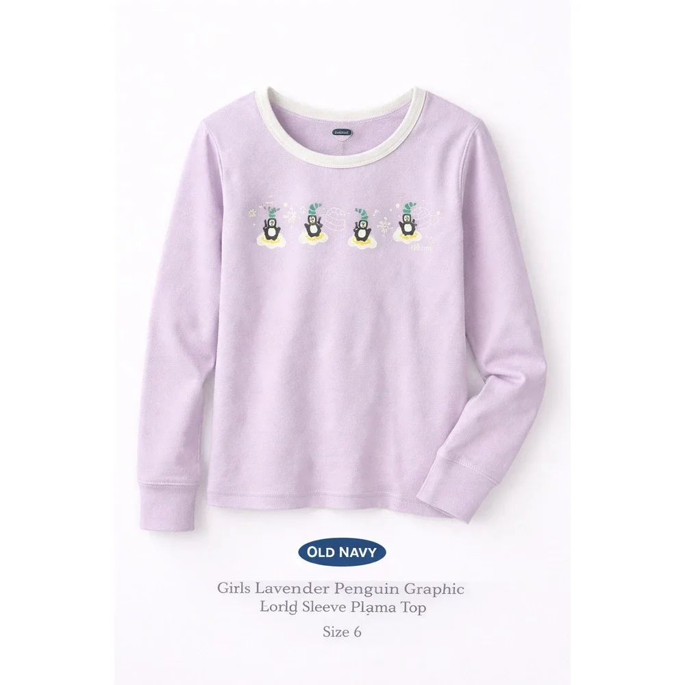 Old Navy Girls Lavender Penguin Graphic Long Sleeve Pajama Top Size‎ 6 Purple PJ